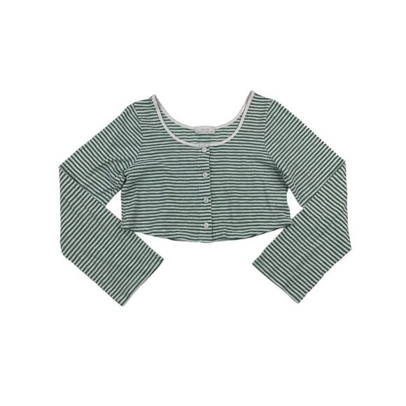 Oak + Fort - Stripped Button Up Cropped Long Sleeve Tee in Green and White - Picture 1 of 4